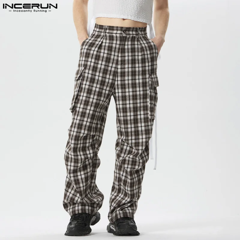 

INCERUN 2024 American Style Pantalons Men's Plaid Pocket Design Cargo Long Pants Leisure Street Male Hot Selling Trousers S-5XL