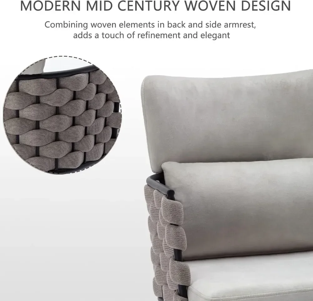 Mid-Century Modern Dining Chairs Set of 2, Handmade Woven Kitchen Chairs, Upholstered Velvet Dining Chairs with Metal Legs for 5