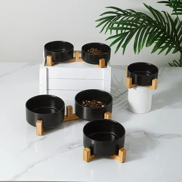 Ceramic Bowl Cat Dog Bowl Cat Food Bowl Cat Bowl Drinking Water Bowl Double Bowl Protection Cervical Spine Bowl Black Pet Bowl