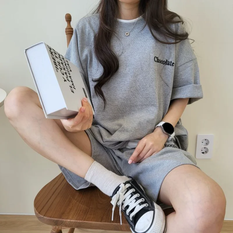 Women Tracksuit Summer Solid T-shirt Shorts Matching Outfit Casual Two Piece Set Female Loose Sportswear Suit Student Sports Tee