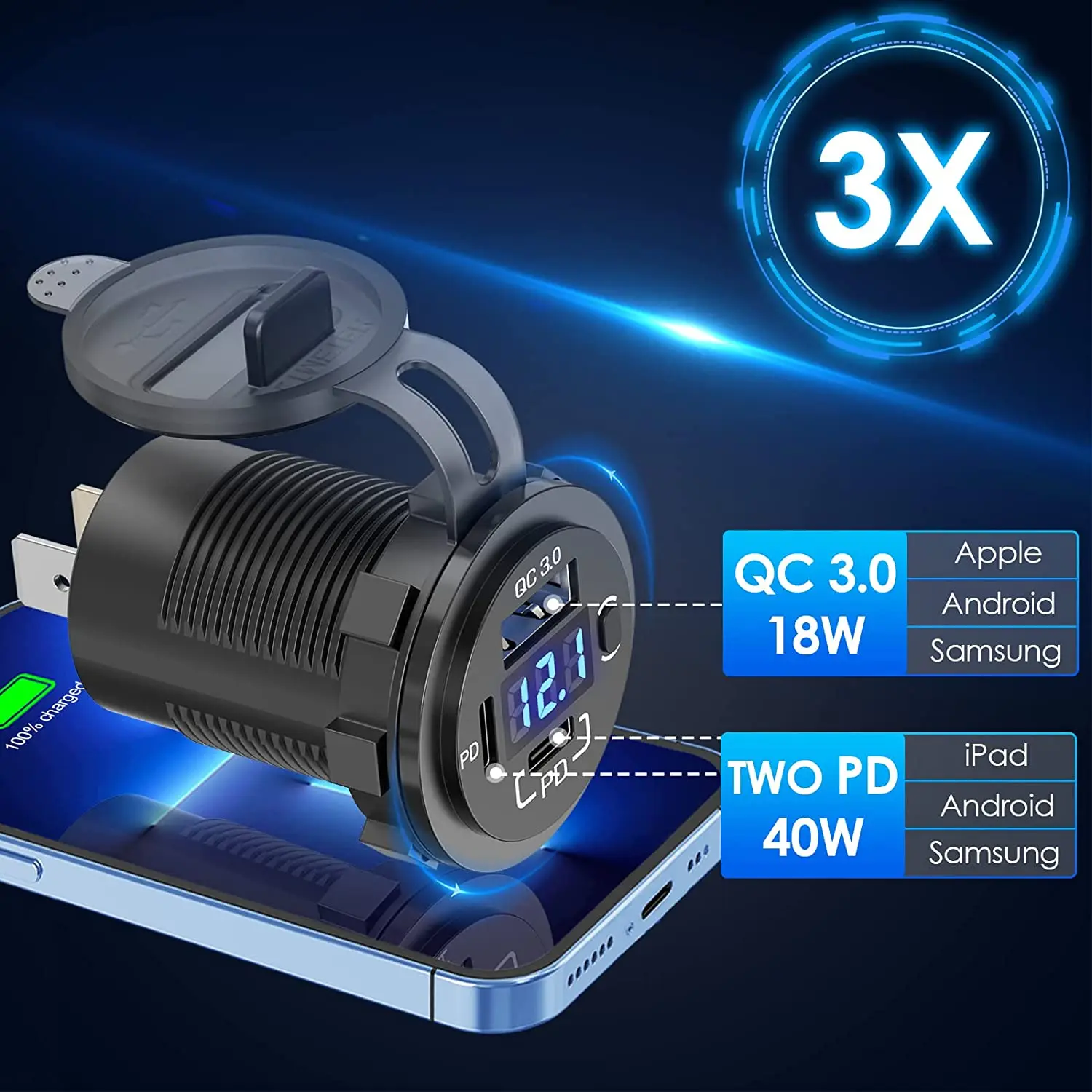 USB Steckdose 12V, Dual Quick Charge 3.0 & PD Typ C Adapter Auto USB C 60W  Triple Steckdose Aluminium Ladegerät mit Touch-Schalter, Wasserdichter PD  Schnellladeadapter für Boot Auto Wohnmobil RV: : Auto