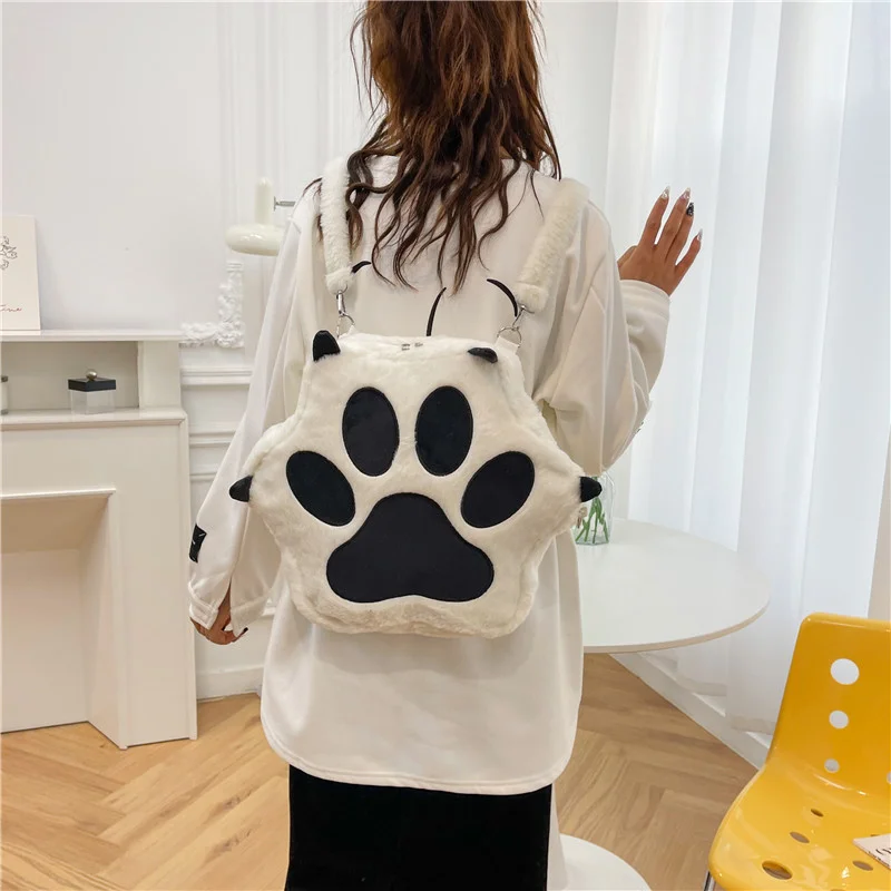 Kawaii White Cat Paw Plush Backpack Adjustable Straps Funny Big Capacity Soft Stuffed Animals Crossboyd Bags for Girls Women