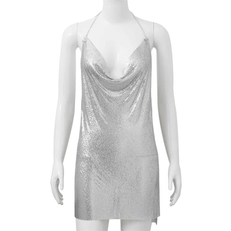 Sexy Silber Pailletten Mini Kleid Für Frauen Zubehör Ärmellose Metall Körper Kette Party Kleid Frauen Backless Split Abend Vestido – Detail 10