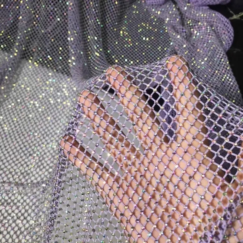 Luxurious High Gloss Elastic Diamond Mesh Fabric with Satin Belt Trim for DIY High-End Dressmaking