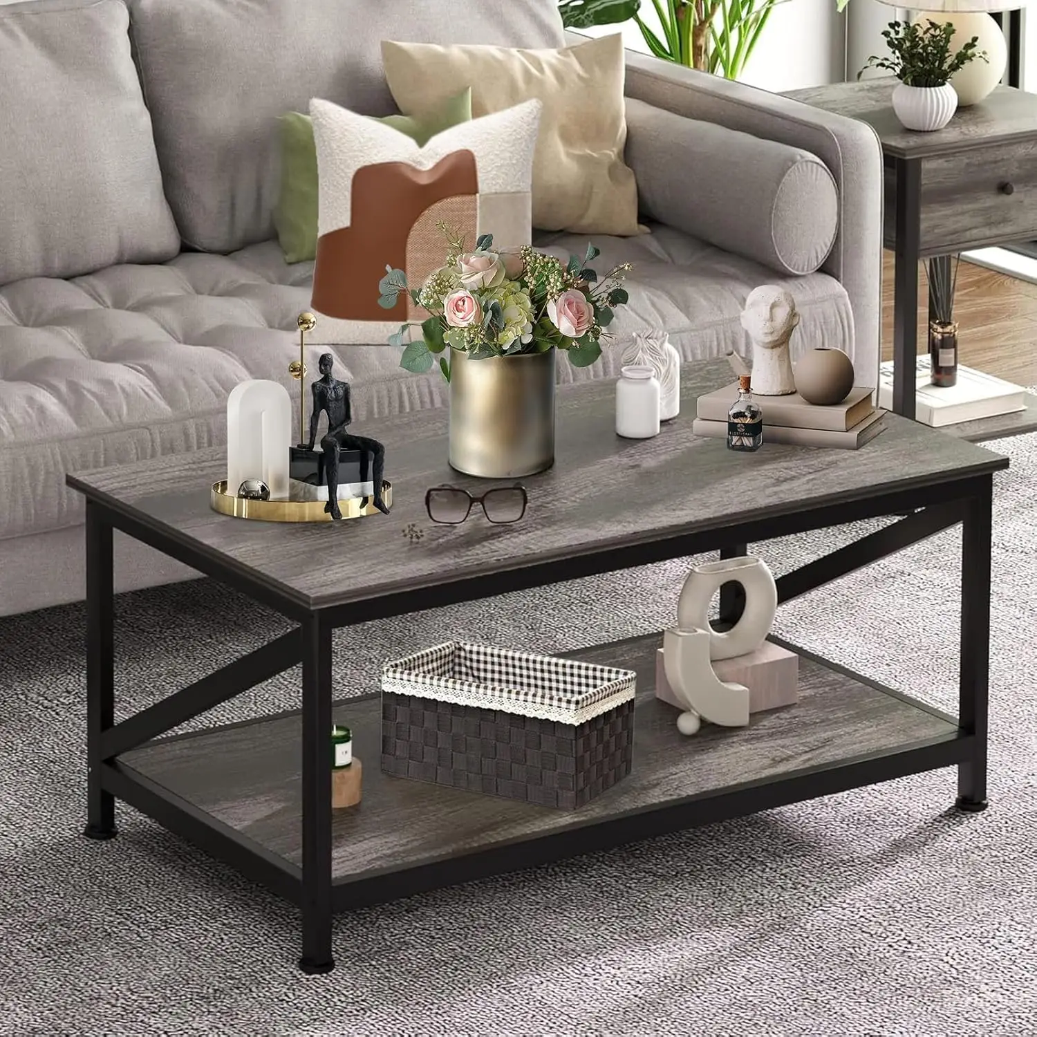 طاولة قهوة مع رف تخزين ورف تخزين من طبقتين، أثاث خ...