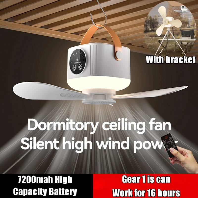 Ceiling Fans With LED Lamp Silent Fans Rechargeable Lamp 4 Wind Speed Remote Control Portable LED for Bedroom Camping