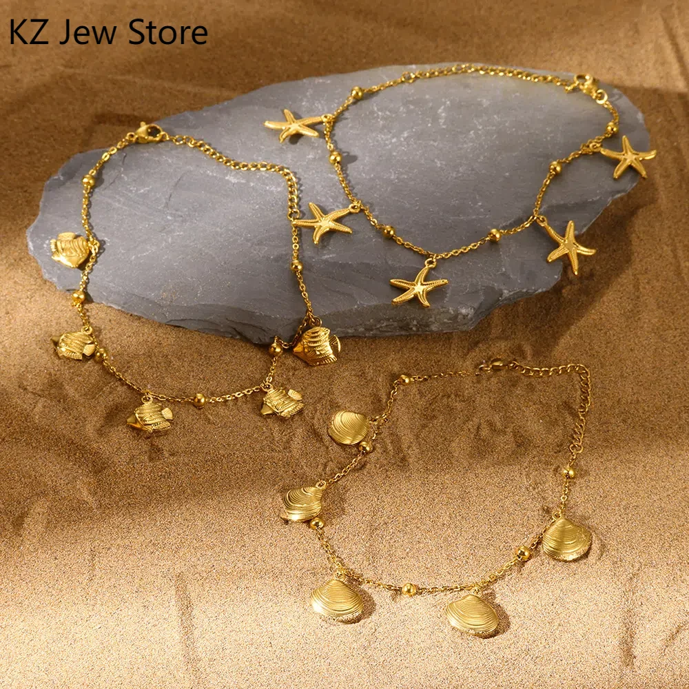 Starfish Shell Fish Charm Anklet Link Bead Chain Stainless Steel Bracelet Women Foot Summer Waterproof Jewelry