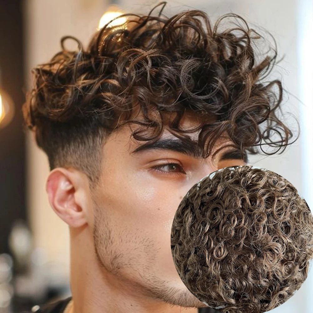 Parrucchino da uomo con tessuto biondo riccio marrone nero da 20 mm, parrucca per capelli umani al 100%, toupet mono pizzo e NPU per uomo # Protesi capillare del sistema 4