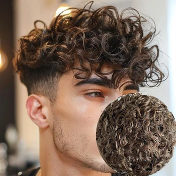 Parrucchino da uomo con tessuto biondo riccio marrone nero da 20 mm, parrucca per capelli umani al 100%, toupet mono pizzo e NPU per uomo # Protesi capillare del sistema 4