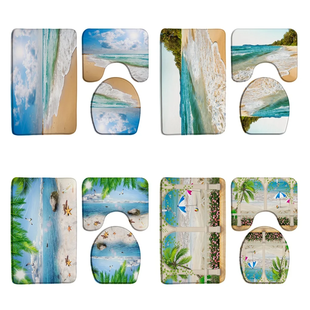 

Sea Waves Beach Bath Mat Set Green Palm Leaves Ocean Starfish Hawaiian Nature Scenery Bathroom Decor Carpet Rug Toilet Lid Cover