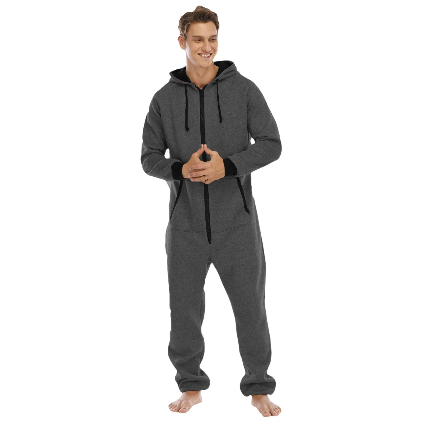 Men'S Solid Color Onesie Pijama Overseize Zipper V Neck Long Sleeve Hoodie Sleepwear Rompers Adult Warm Comfortable Homewear