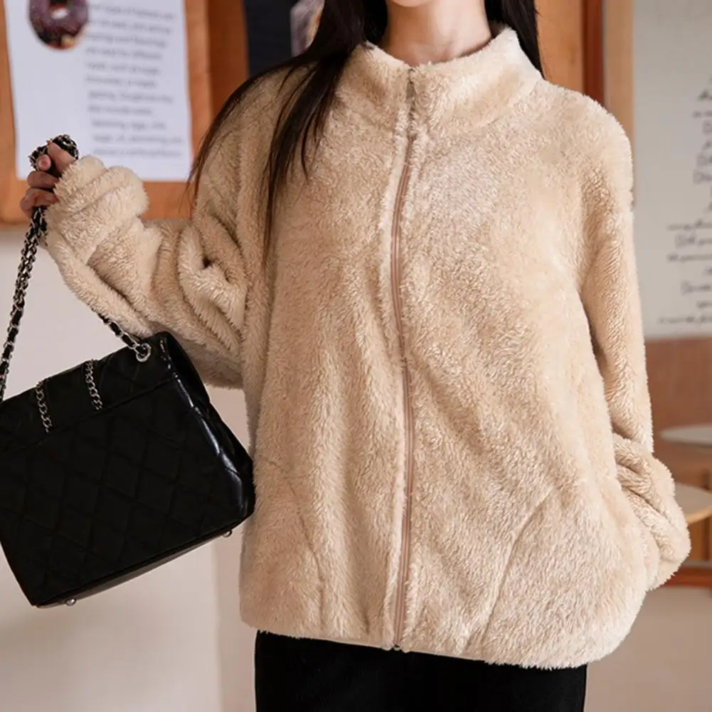 Women Jacket Cozy Women's Winter Jacket Plush Stand Collar Thick Warmth Stylish Zipper Autumn Coat for Casual Comfort Coral polar fleece jacket autumn and winter stand collar zipper loose thick cardigan sweater men and women s casual couple coat