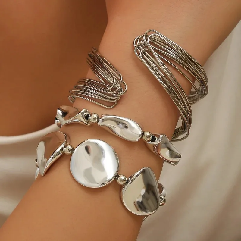 3 Pcs/set Geometric Twisted Lines Irregular Shaped Open Cuff Bracelet and Bangle Set for Women Punk Exaggerated Style Accessor