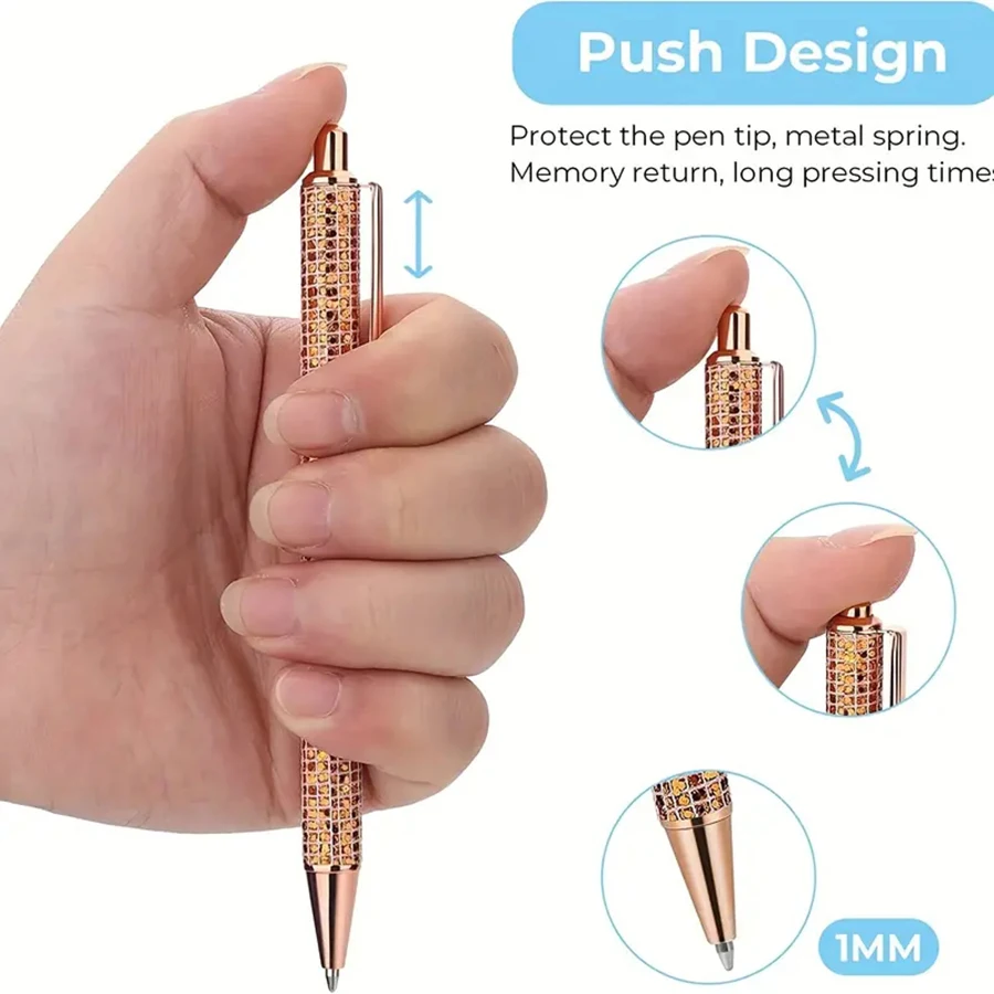 6pcs Bling Diamond Metal Pens For Home School Office, Gift Pens Glitter Ballpoint Pens With Retractable Writing Black Ink Medium 5