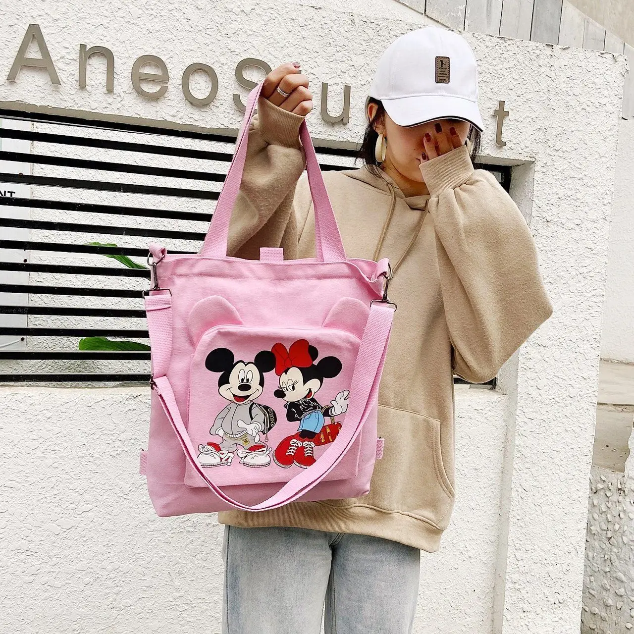 

Disney Mickey Mouse handbag shoulder Cartoon Large Capacity Shopper stitch Canvas lady cute women bag crossbody bags for women