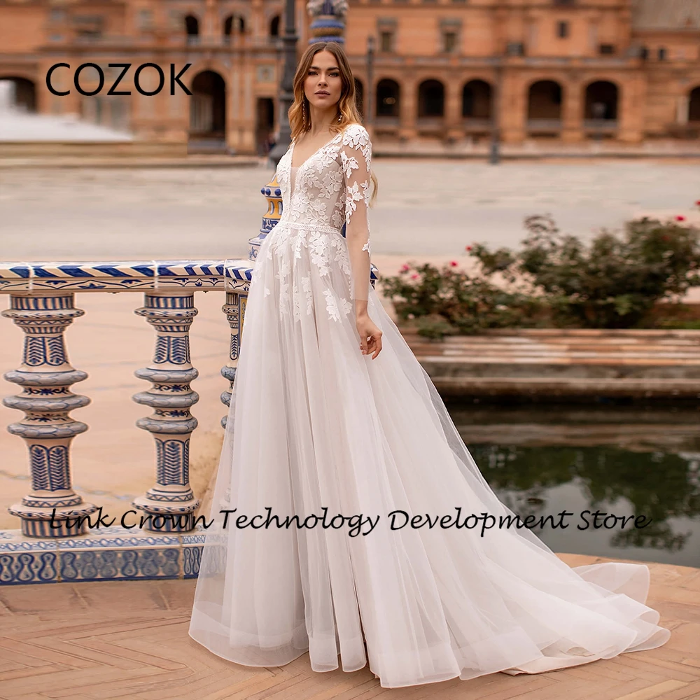 

COZOK V Neck Full Sleeve Wedding Dresses for Women 2024 Soft Tulle Strapless Bridal Gowns Court Train Vestidos De Novia New