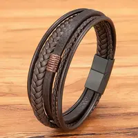 XQNI – Bracelet en cuir tissé à la main pour hommes, de luxe, multicouche, en acier inoxydable, boucle magnétique, bijoux de fête, cadeau 1
