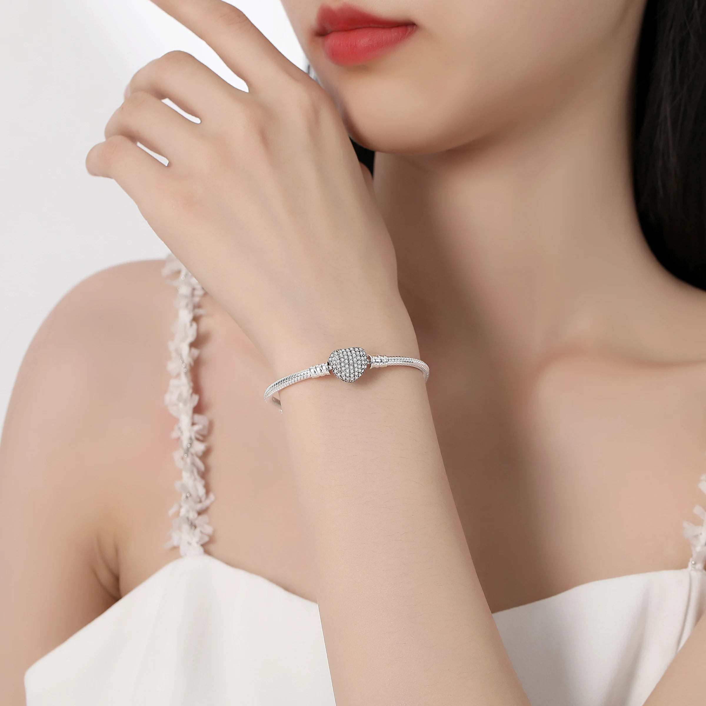 925 Sterling Silver Bracelets Bangles Crystal Ball Love Heart Clasp Beads Charms Moments Bracelet for Women DIY Jewelry