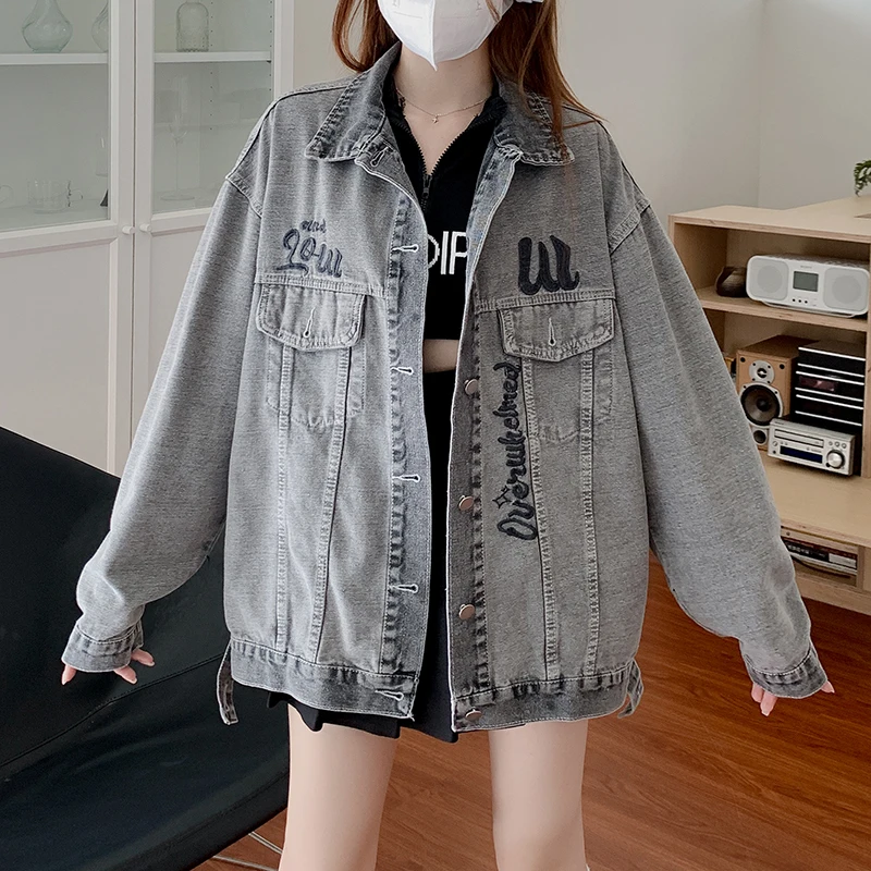 

2022 Vintage Embroidery Design Lapel Denim Jacket Women's Loose Bf Style Versatile Coat Trend Pocket Free Shipping