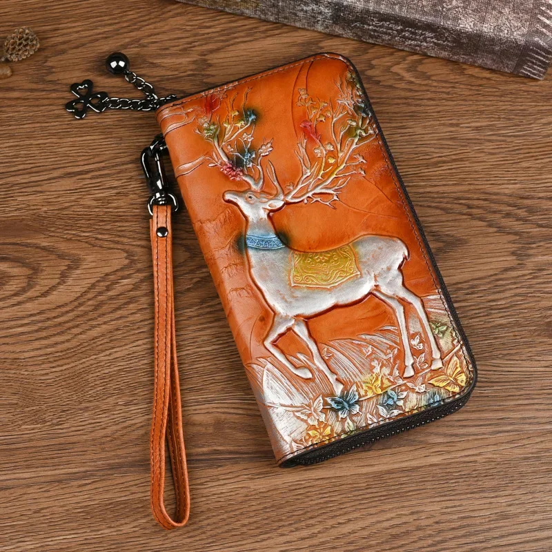 Vintage Long Genuine Leather Wallet for Women with Multiple Card Slots