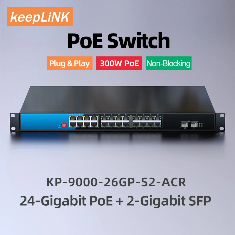 KeepLiNK KP-9000-26GP-S2-ACR 26-Port Gigabit Switch with 24-PoE Ports and 2 SFP Uplink