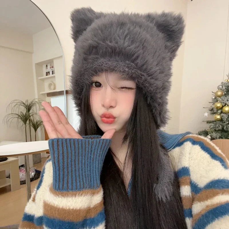 Halloween Winter Plush Cute Cat Ears Beanies Women Pullover Hats Korean Ear Protection Strap Beanies Hat with Earflap Y2k Girl 5
