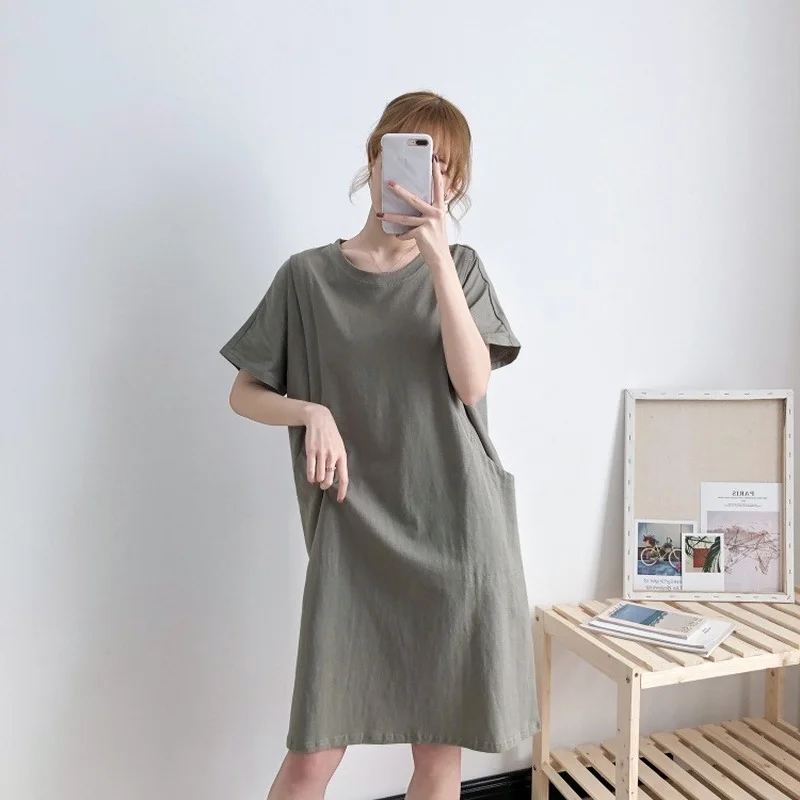 

Feature Pocket Decoration Long T-shirt Dress Maternity For Feeding Loose Casual Summer Top Breastfeeding Dress Pregnant Clothes