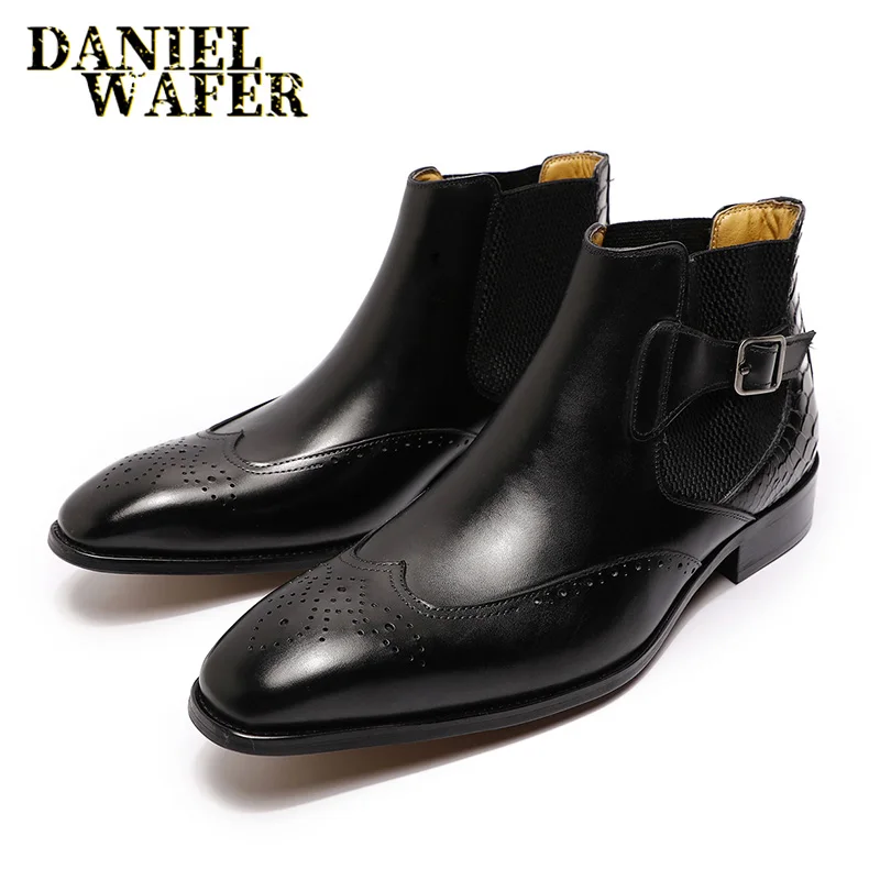 Genuine Leather Men's Chelsea Boots High Grade Slip On Buckle Strap Wingtip Brown Black Shoes Basic men chelsea boots