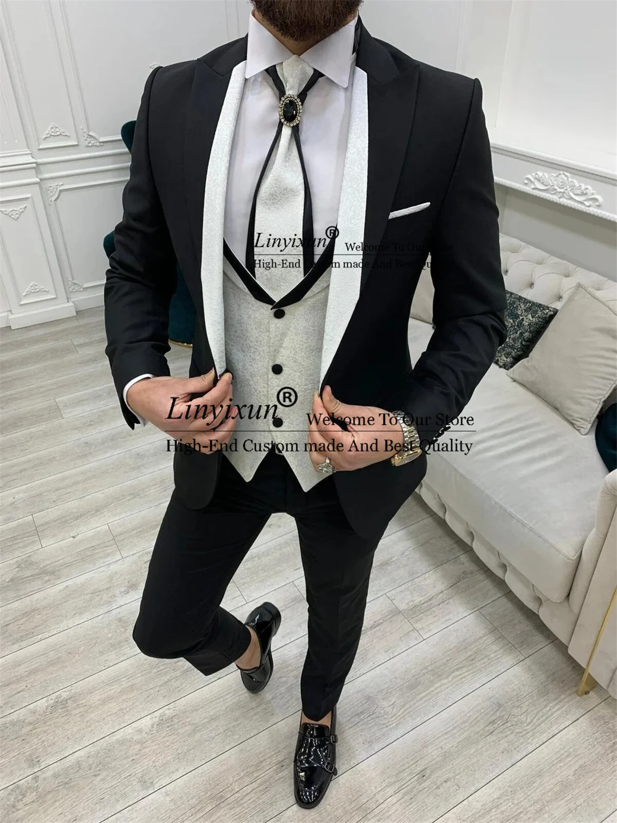 

Fashion Black Wedding Suit For Men Slim Fit Groom Tuxedos Banquet Blazer Groomsmen 3 Piece Jacket Vest Pants Set Costume Homme