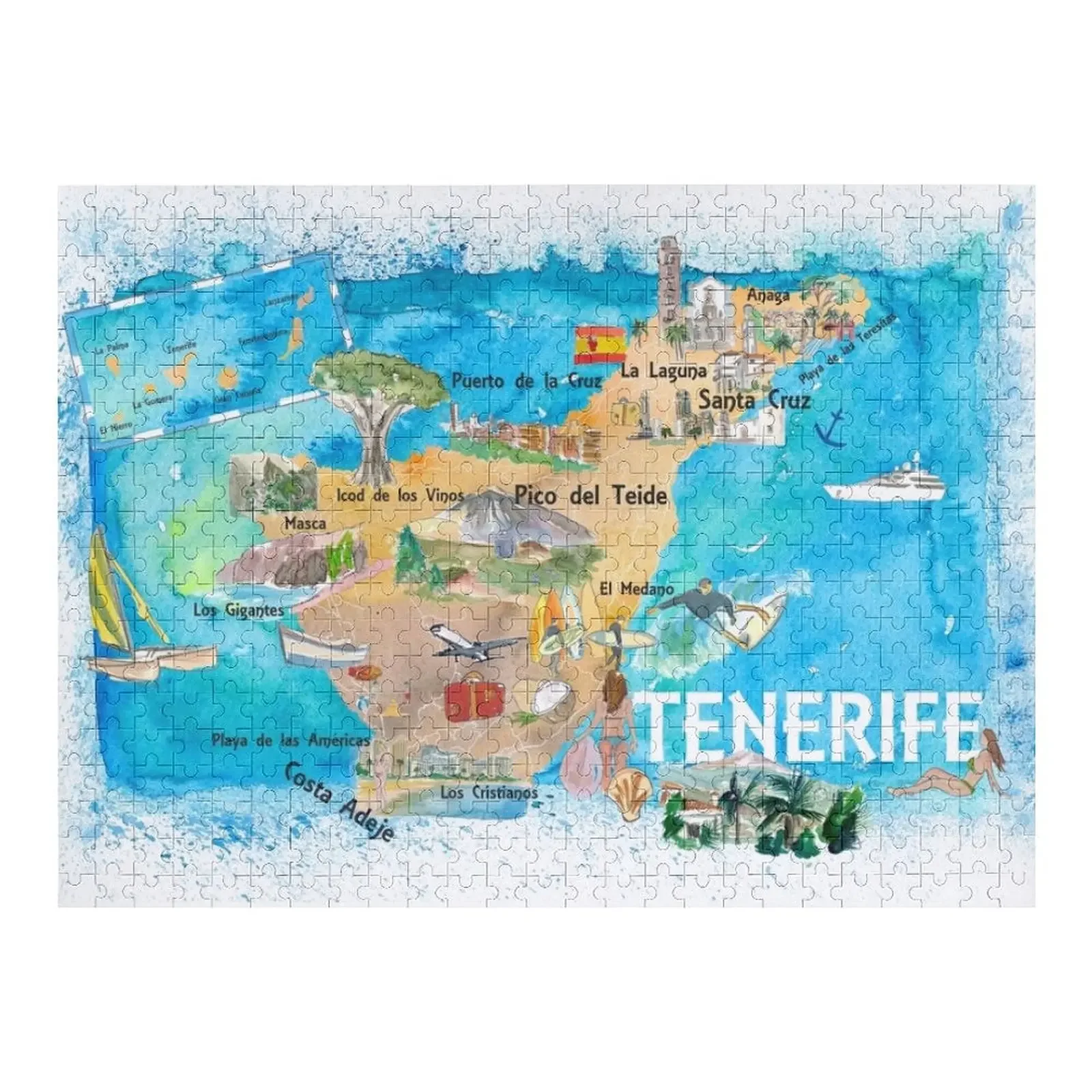 Tenerife Canarias Spain Illustrated Map with Landmarks and Highlights Jigsaw Puzzle Wooden Adults Personalized Name Puzzle