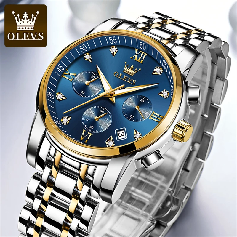 OLEVS Mens Watches Top Brand Luxury Stainless Steel Waterproof Luminous Chronograph Quartz Watch Fashion Business Wristwatch