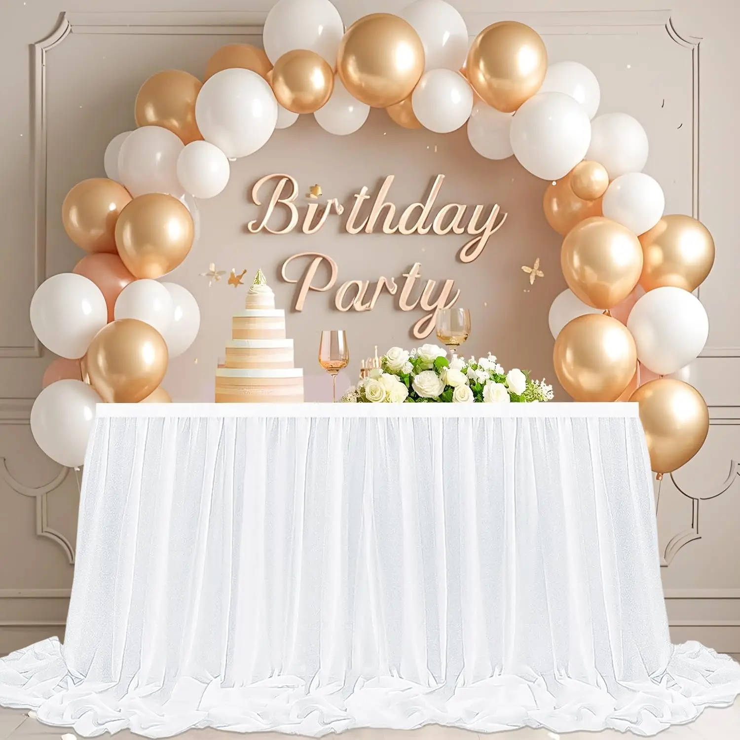 Chiffon Table Skirt White Table Skirts for Rectangle Tables Chiffon Sheer Ruffle TableCloth for Party Banquet Cake Decor