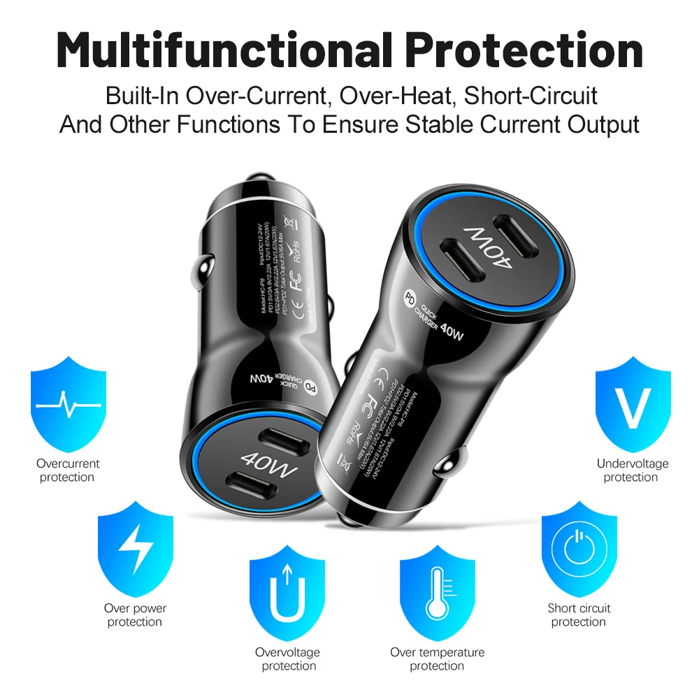 Dual USB C Car Charger PD Fast Charging Adapter 40W Super Charge in Car For iPhone 16 15 14 13 12 Pro Max Samsung Huawei Xiaomi