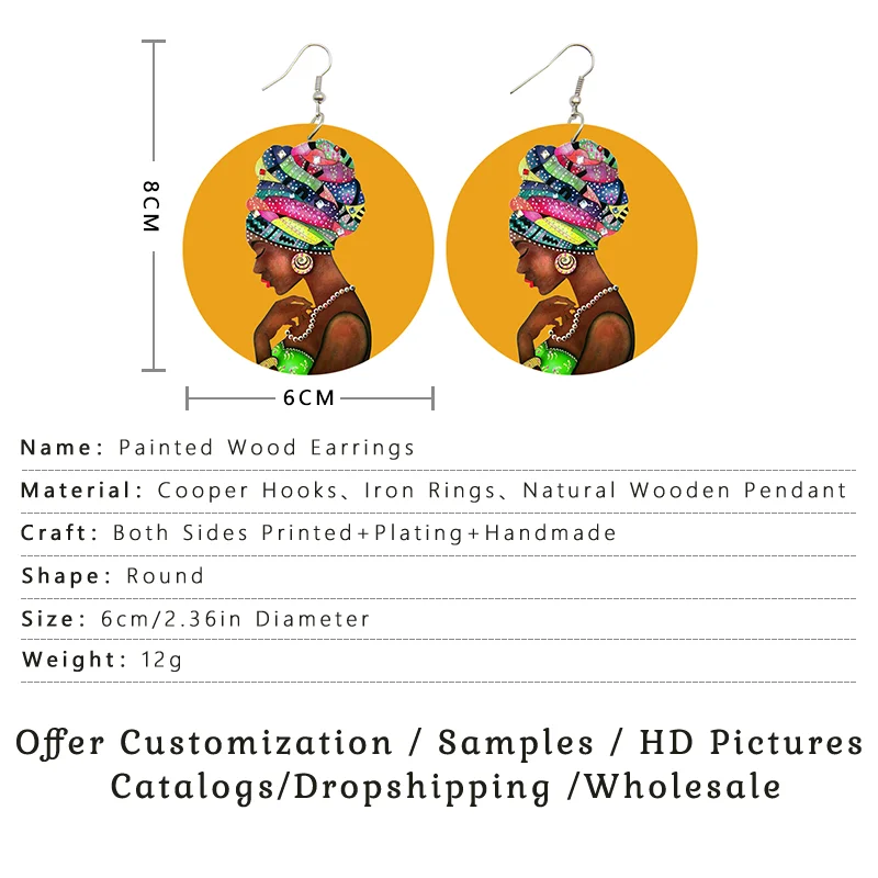 Voikukka Jewelry African Woman Pattern With Hijab Wooden Both Sides Print 6 CM Pendant Drop Earrings Wholesale 2