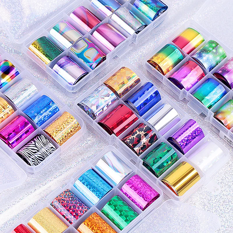 10 Rolls/ Box Charm Nail Foils Polish Stickers Metal Color Starry Paper Transfer Foil Wraps Adhesive Decals Nail Art Decorations nail stickers nail art decoration nail decals