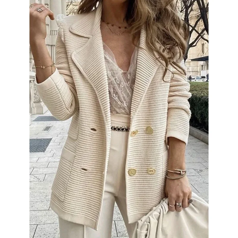

2023 Autumn Winter New Women's Clothing Solid Color Rib Fabric Casual Cardigan Coat Design Classic Style
