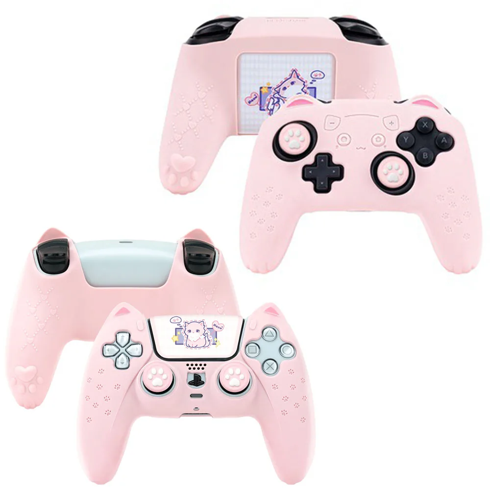 Cat Paw Pink Silicone Soft Cover Sticker Skin Per Nintendo Switch Pro Sony Dualsense 5 Ps5 Controller Case Thumb Stick Grip Cap