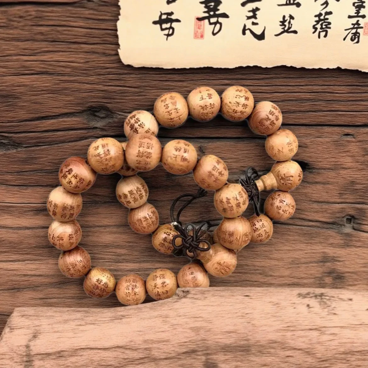 Carved Wooden Prayer Beads Bracelet Peaceful Serene Buddhist Sutra Inscribed Bracelet Luy Charm Handmade Wooden Jewelry