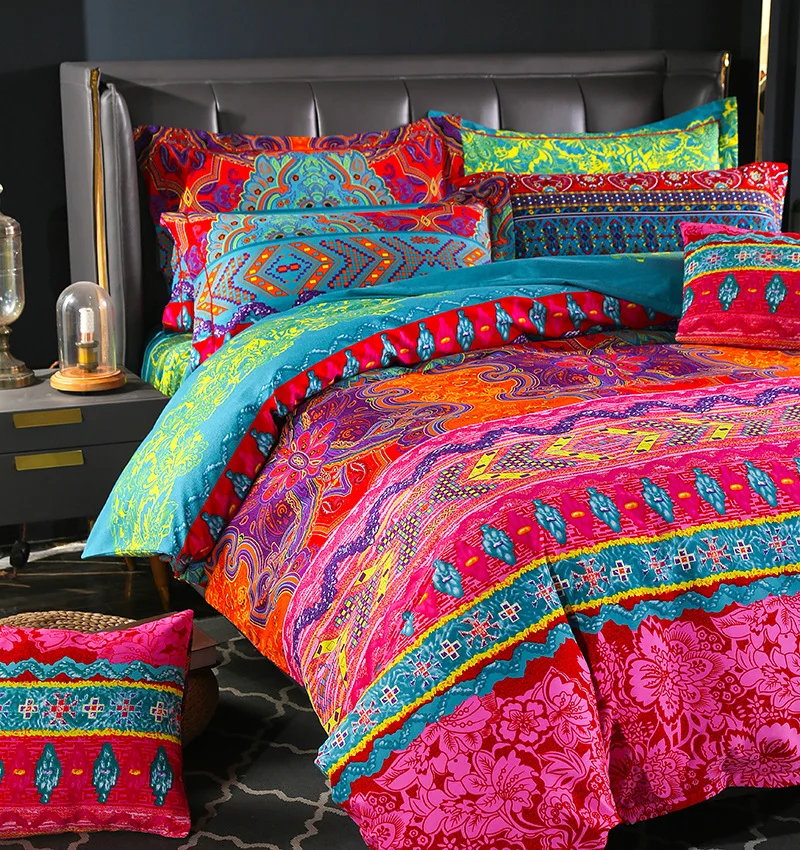 Boho Plain Print Quilt Cover Pillowcase 3PC Set постельное бельё евро King Size Bedding Set European Style Duvet Cover Set