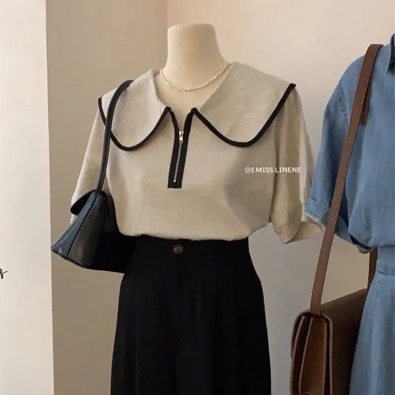 

French Large Lapel Polo Shirt Short Sleeved T-shirt Women's Design Sense Niche 2022 Summer Doll Collar Top