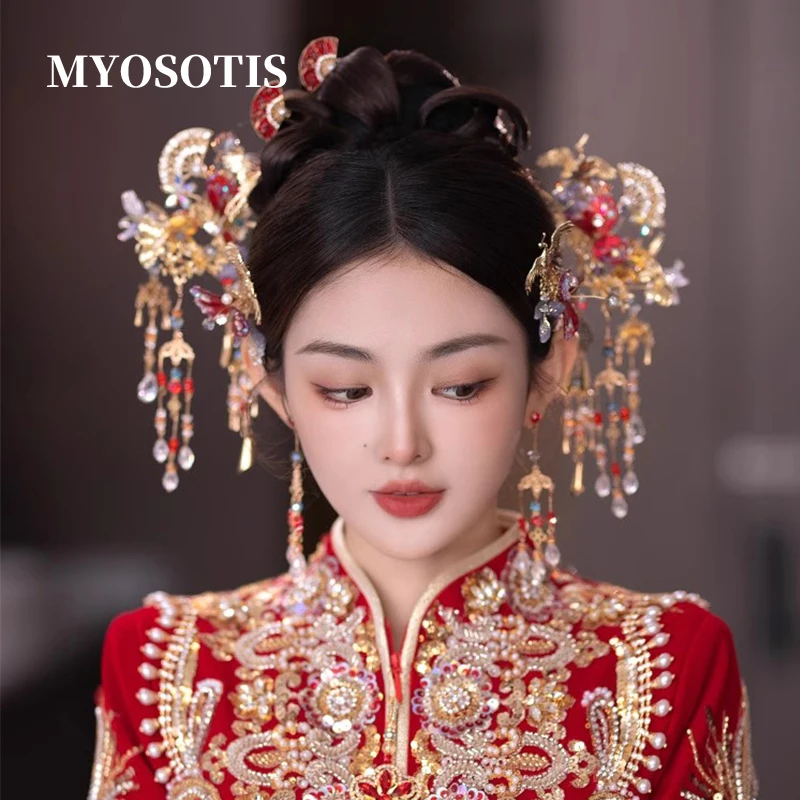 

Fashion Chinese Ancient Style Hair Accessories Classical Hanfu Small Fan Crane Designs Head Jewelries Set