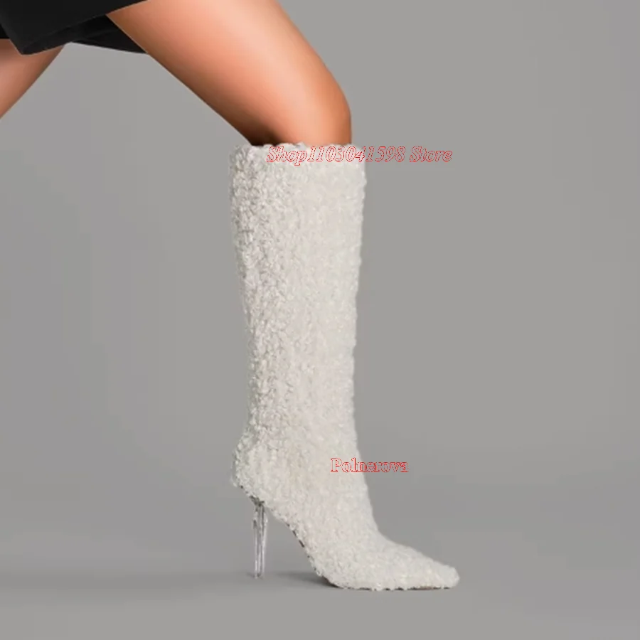 

Lamb Fur Boots Women Knee High Pointed Toe High Heel Boots Diamond Crystal Heel Women Shoes Winter 2023 New Zapatos Para Mujere