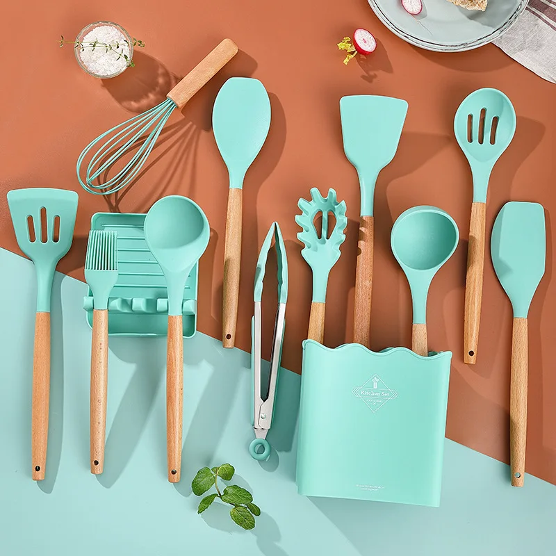 Set Kitchen Utensils Silicone Wooden Handle  Silicone Spatula Set Cooking  - Silicone - Aliexpress