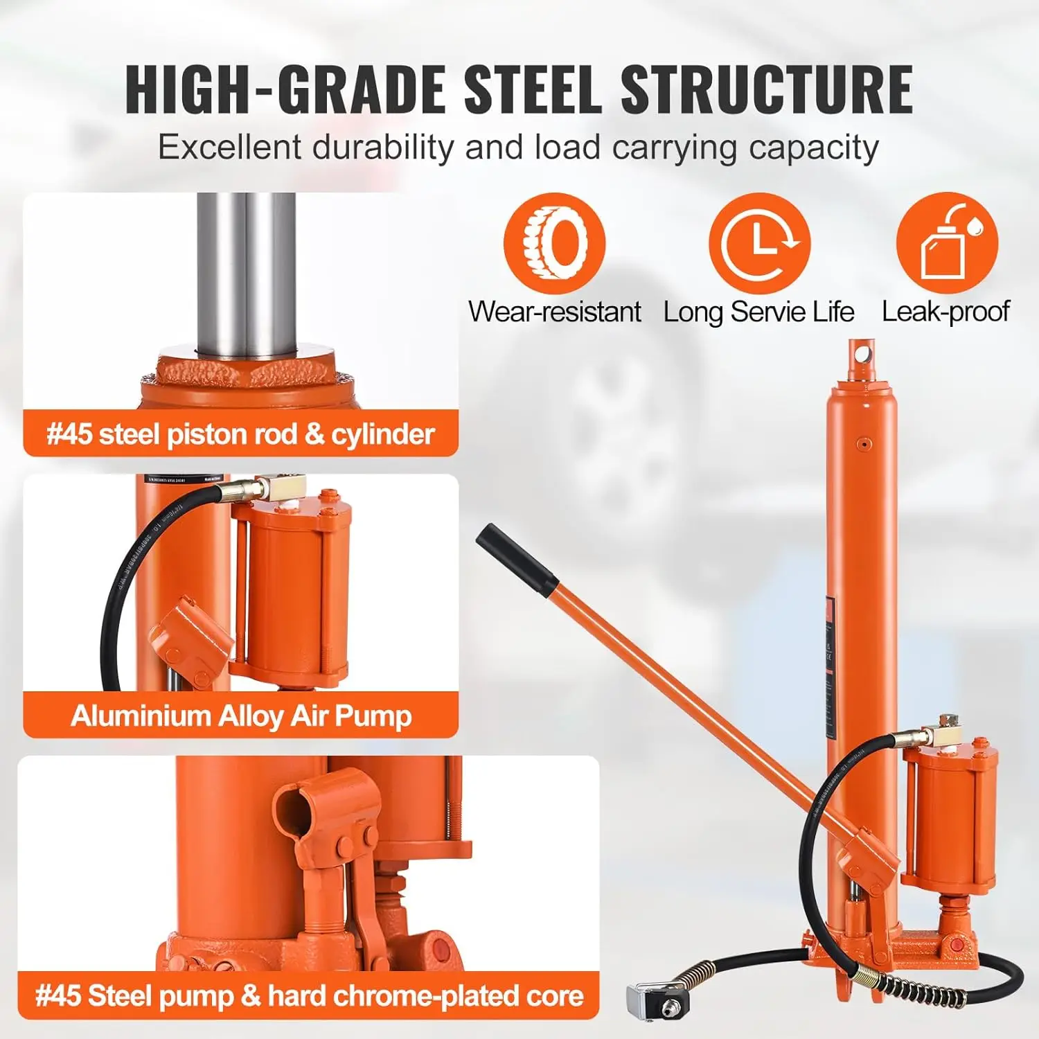 Long Ram Jack, 8 Ton Engine Hoist Cylinder with Air Pump and Single Piston Pump, Hydraulic Ram Cylinder Clevis B 4