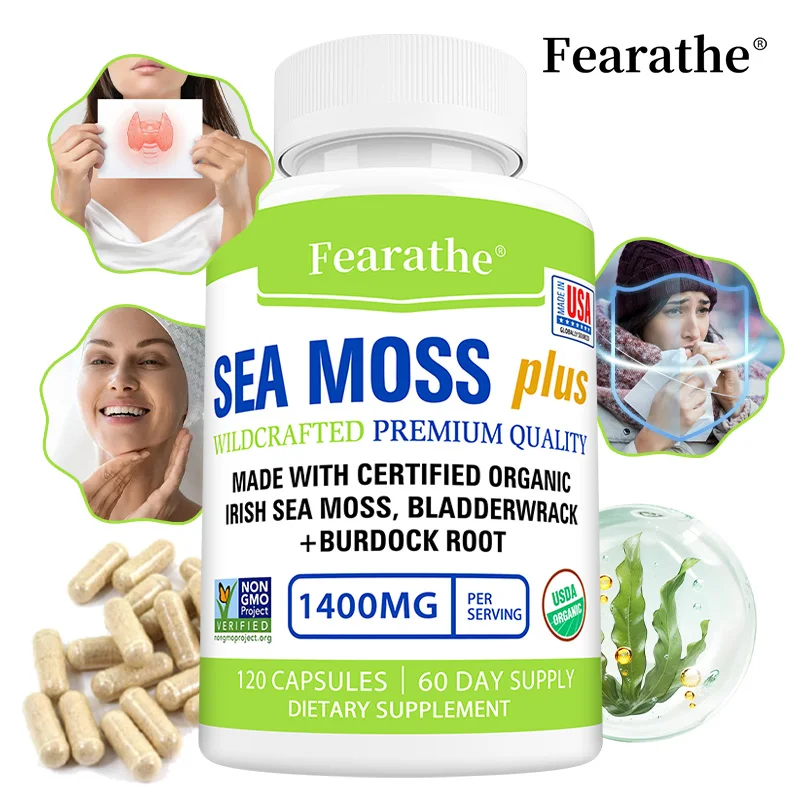 Organic Sea Moss Plus 1400 Mg-with Seaweed and Burdock Root for Gut Health, Immune Support and Thyroid Supplement