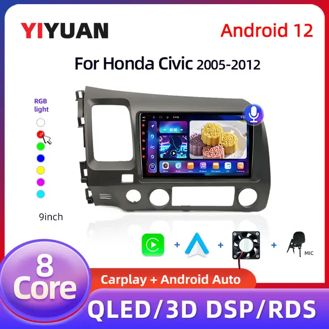 9" Android 12 Carplay Car Stereo Radio for Honda Civic 8 2005 - 2012 Multimedia Player Navigation GPS 2 Din 4G Audio DVD