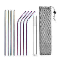 Premium Reusable Stainless Steel Drinking Straw Set with Cleaning Brush & Pouch (8 Rainbow with bag)