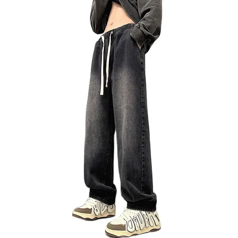 

Loose Fitting Straight Leg Denim Men's Drawstring Basic Versatile Style2023