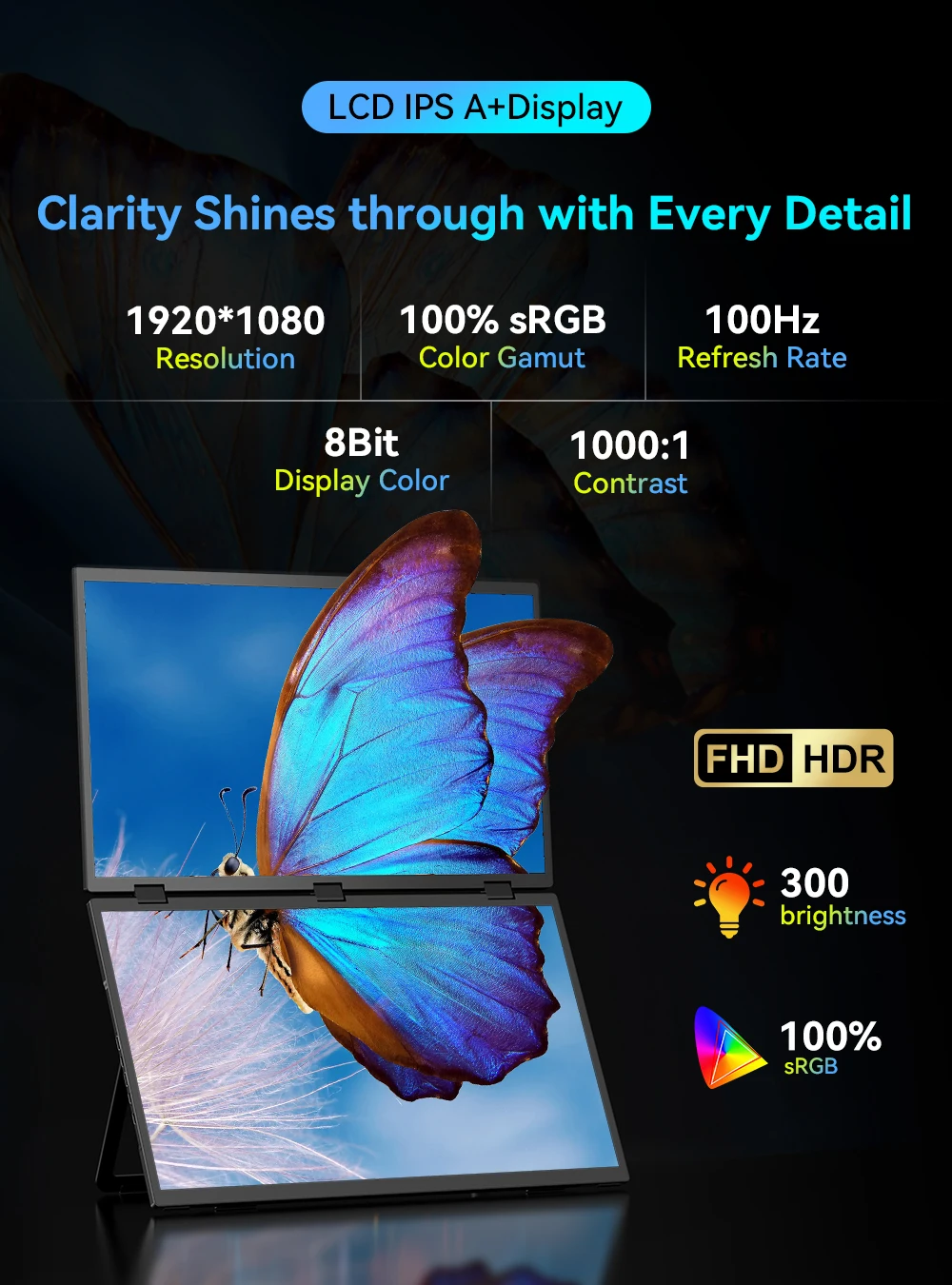 EVICIV 18.5인치 100Hz 트리플 모니터 1080P 8비트 100%sRGB 고색감 드라이버 불필요 접이식 스택형 디자인 노트북 화면 확장기 윈도우 맥 완전 호환 게이밍 사무 업무 범용 휴대용 외장 디