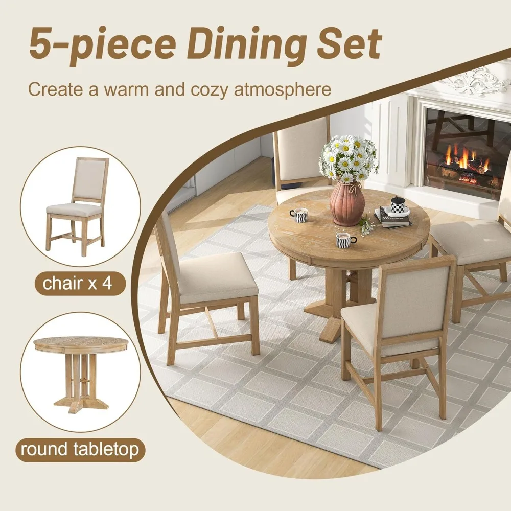 5-Piece Dining Sets, Farmhouse Kitchen Table Set-Extendable Round Table and 4 Upholstered Chairs for Kitchen, Living Room